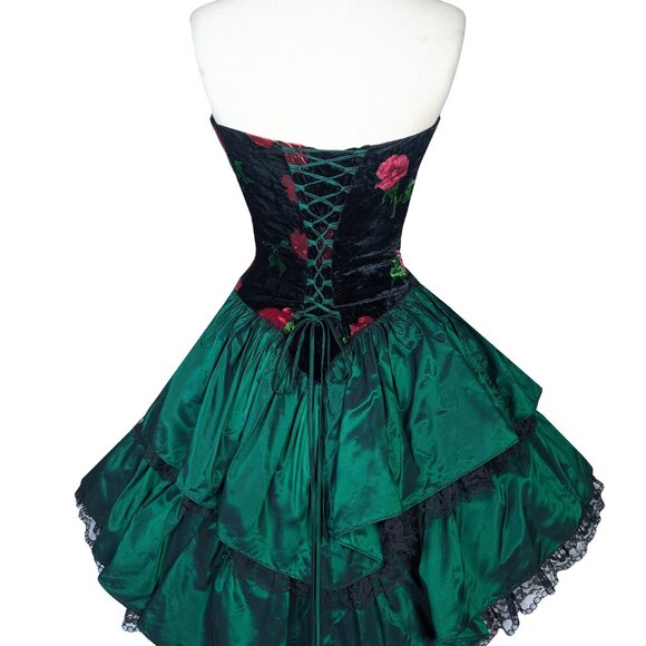 Vintage 80s CORSET Rose Floral Black Velvet Strapless Green Prom Party Dress S - Picture 7 of 16